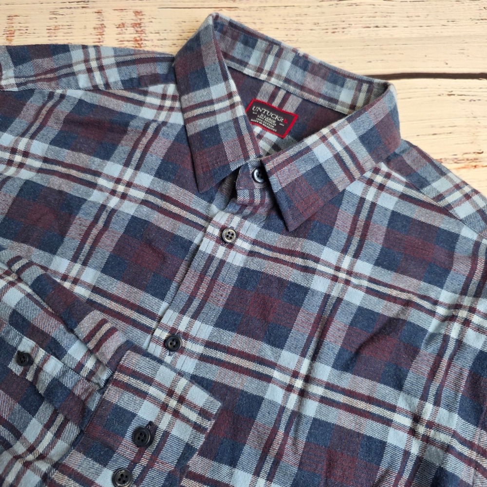 UNTUCKit Barrington Flannel Shirt Men XL Tall Regular Blue Burgundy Plaid Cotton